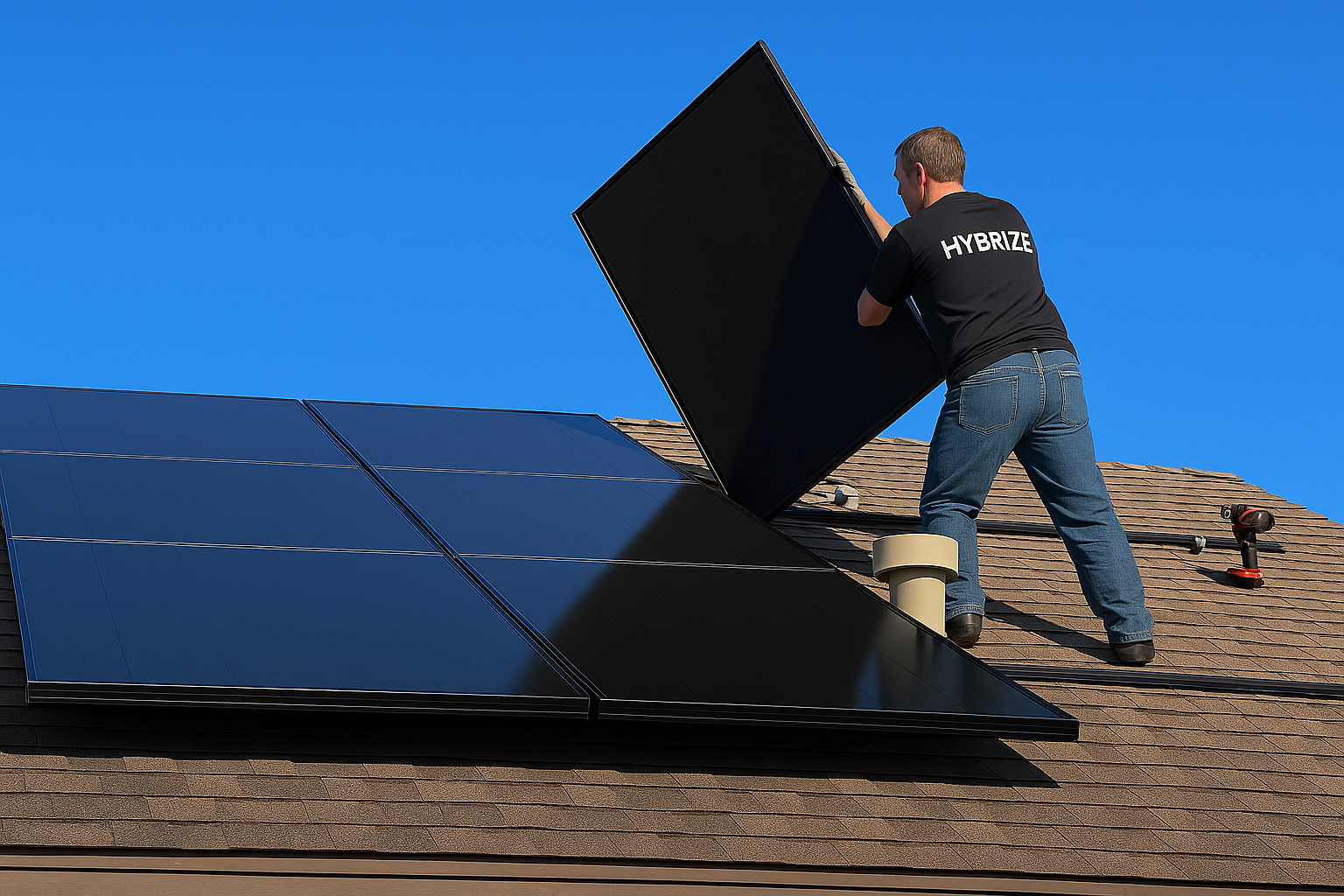 Man installing solar panels on a roof